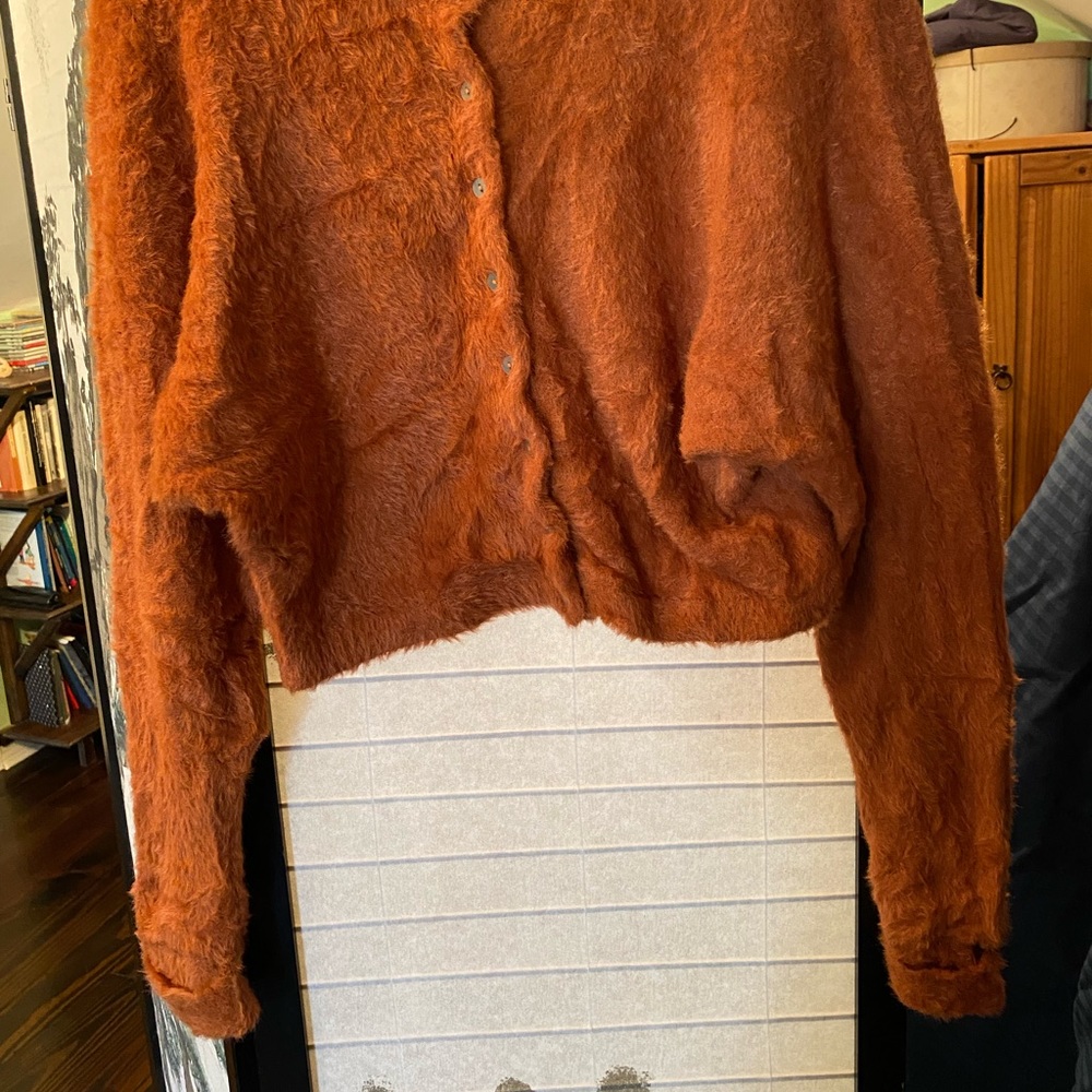 Free People Off-Shoulder Fuzzy Cardigan in Orange - Picture 3 of 5